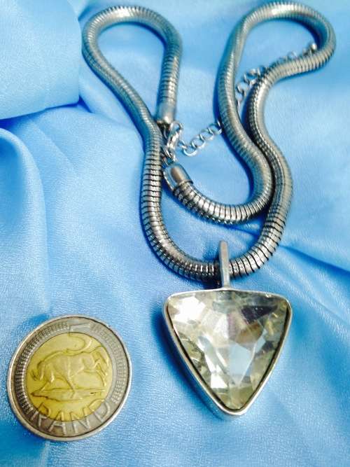 Necklace Large ARROW HEAD Glass yellow tinge stone Chunky Metal Pendant Silver