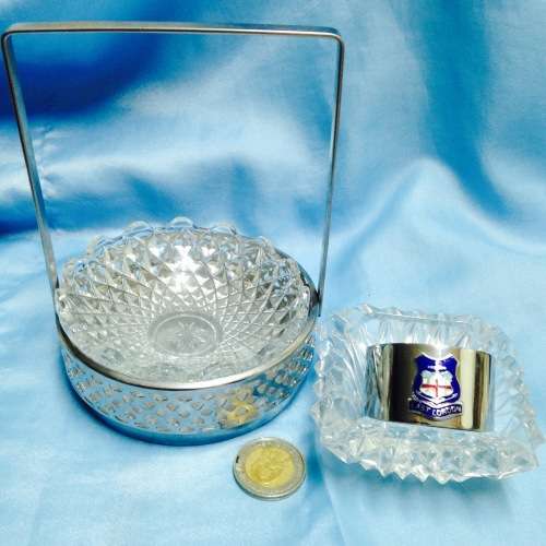 Metal Stand Dish inside + E.L. enameled Serviette Ring *G Monograme Crystal Ashtray