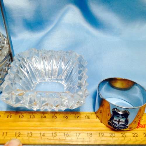 Metal Stand Dish inside + E.L. enameled Serviette Ring *G Monograme Crystal Ashtray
