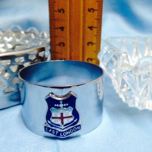 Metal Stand Dish inside + E.L. enameled Serviette Ring *G Monograme Crystal Ashtray