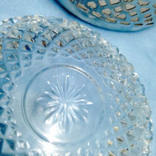 Metal Stand Dish inside + E.L. enameled Serviette Ring *G Monograme Crystal Ashtray