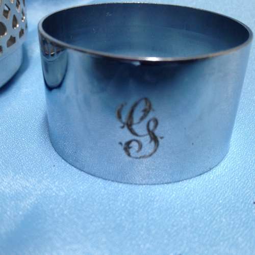 Metal Stand Dish inside + E.L. enameled Serviette Ring *G Monograme Crystal Ashtray