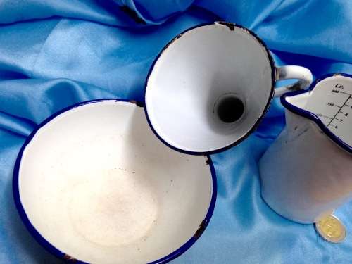 3 itemsWhite Blue Trim Bowl Funnel+graduation Mark Measure JugLOOK At My BUY NOW listings NO WAITING
