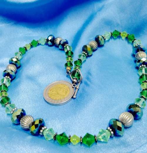 Necklace Art Glass Green conical +larger faceted mirrorRound silver balls