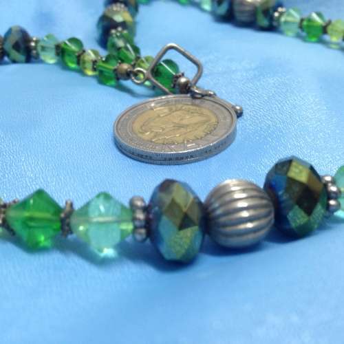 Necklace Art Glass Green conical +larger faceted mirrorRound silver balls