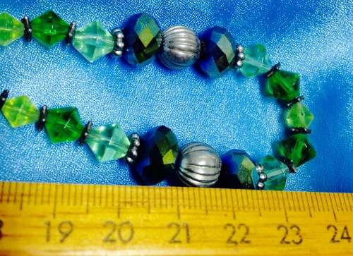 Necklace Art Glass Green conical +larger faceted mirrorRound silver balls