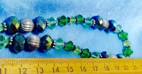 Necklace Art Glass Green conical +larger faceted mirrorRound silver balls