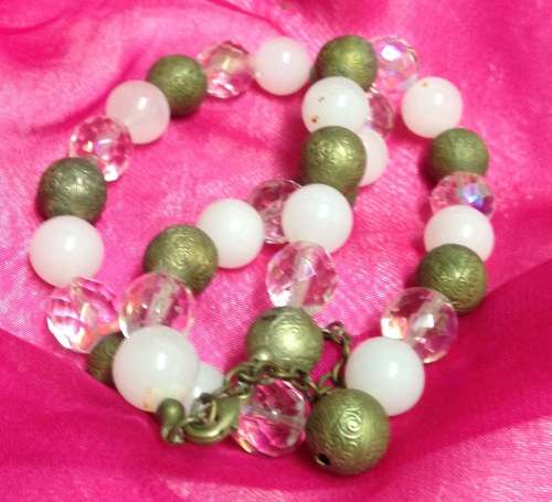 Necklace - White Gold Glass beads + cut Brass beads Unusual