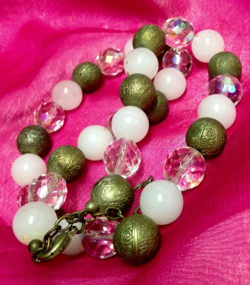 Necklace - White Gold Glass beads + cut Brass beads Unusual