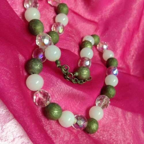 Necklace - White Gold Glass beads + cut Brass beads Unusual
