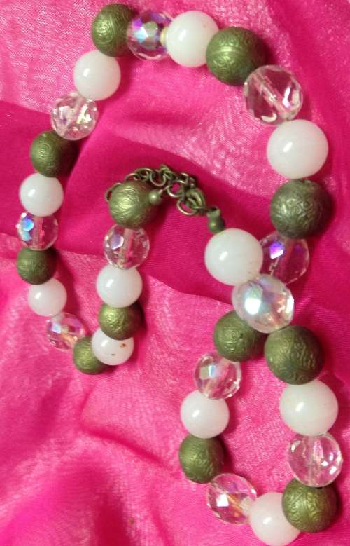 Necklace - White Gold Glass beads + cut Brass beads Unusual