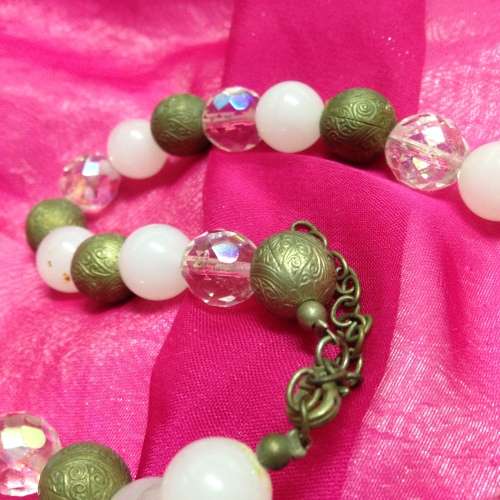 Necklace - White Gold Glass beads + cut Brass beads Unusual