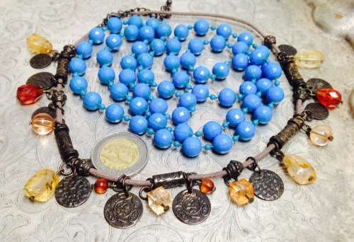 Necklace Vintage Blue Acrylic+I Thong copperish charms+acrylic beads LOOK At My BUY NOW LISTINGS