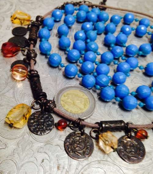 Necklace Vintage Blue Acrylic+I Thong copperish charms+acrylic beads LOOK At My BUY NOW LISTINGS