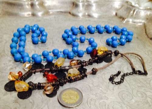 Necklace Vintage Blue Acrylic+I Thong copperish charms+acrylic beads LOOK At My BUY NOW LISTINGS