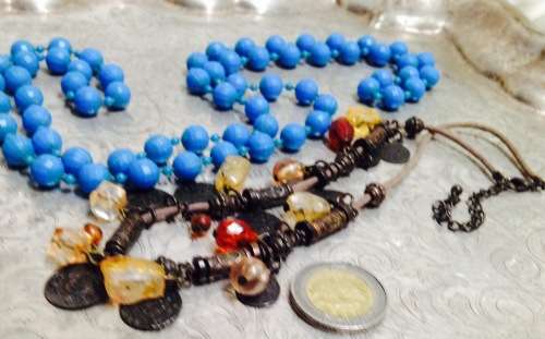 Necklace Vintage Blue Acrylic+I Thong copperish charms+acrylic beads LOOK At My BUY NOW LISTINGS