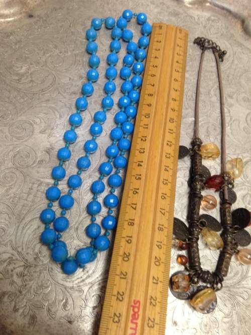 Necklace Vintage Blue Acrylic+I Thong copperish charms+acrylic beads LOOK At My BUY NOW LISTINGS
