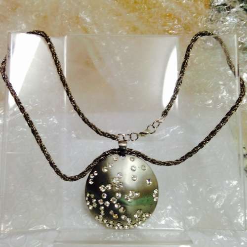 Necklace Chain +Large Pendant has Crystals Silver tone metal LOOK At My BUY NOW LISTINGS NO WAITING