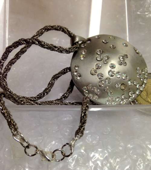 Necklace Chain +Large Pendant has Crystals Silver tone metal LOOK At My BUY NOW LISTINGS NO WAITING
