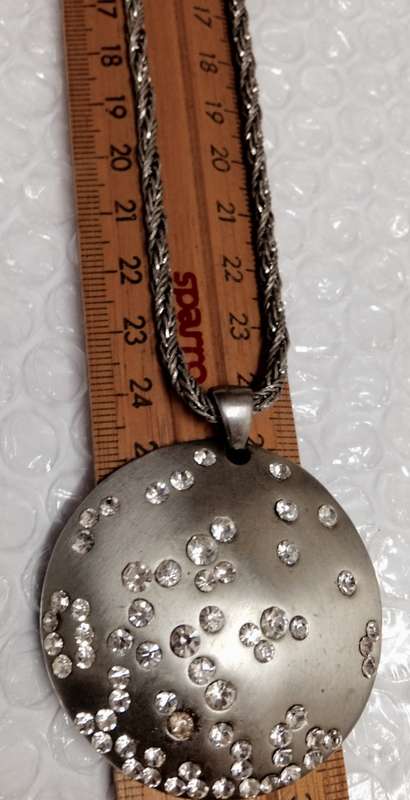 Necklace Chain +Large Pendant has Crystals Silver tone metal LOOK At My BUY NOW LISTINGS NO WAITING