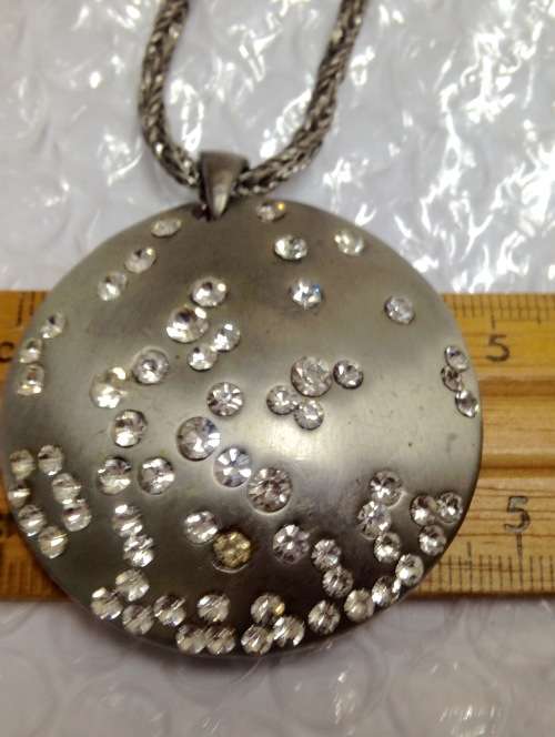 Necklace Chain +Large Pendant has Crystals Silver tone metal LOOK At My BUY NOW LISTINGS NO WAITING