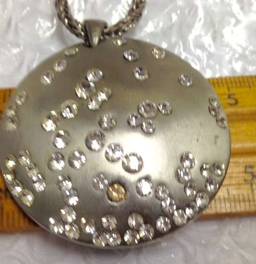 Necklace Chain +Large Pendant has Crystals Silver tone metal LOOK At My BUY NOW LISTINGS NO WAITING
