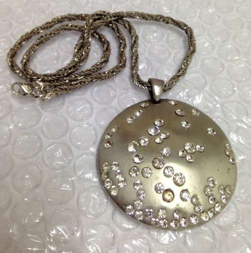Necklace Chain +Large Pendant has Crystals Silver tone metal LOOK At My BUY NOW LISTINGS NO WAITING