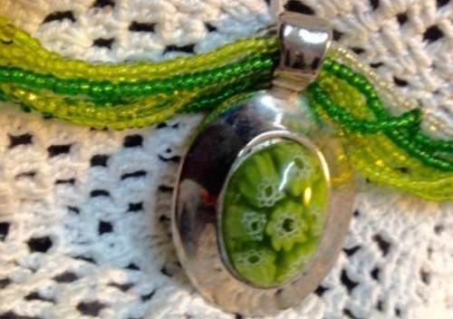 Necklace Murano pendant inside 7 mille fiori flowers  silver setting on multi strands bead