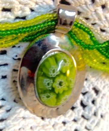 Necklace Murano pendant inside 7 mille fiori flowers  silver setting on multi strands bead