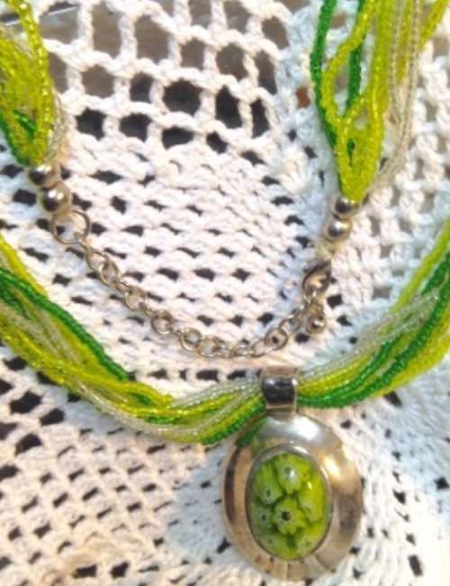 Necklace Murano pendant inside 7 mille fiori flowers  silver setting on multi strands bead