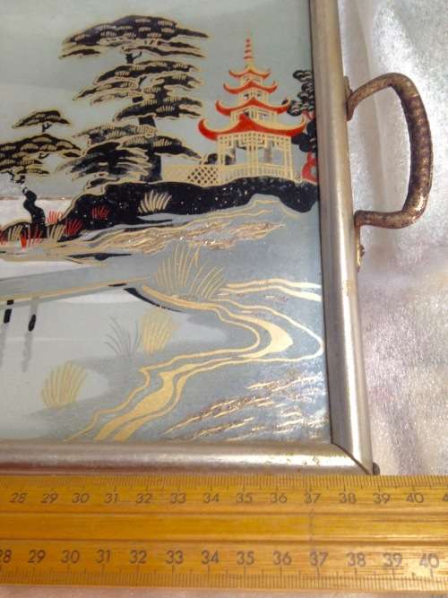 *RARE* JAPANESE Tray *Mount Fuji rural river scene metal glass
