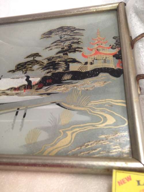 *RARE* JAPANESE Tray *Mount Fuji rural river scene metal glass