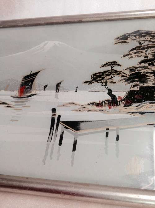 *RARE* JAPANESE Tray *Mount Fuji rural river scene metal glass