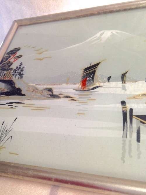 *RARE* JAPANESE Tray *Mount Fuji rural river scene metal glass