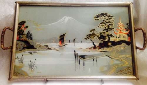 *RARE* JAPANESE Tray *Mount Fuji rural river scene metal glass