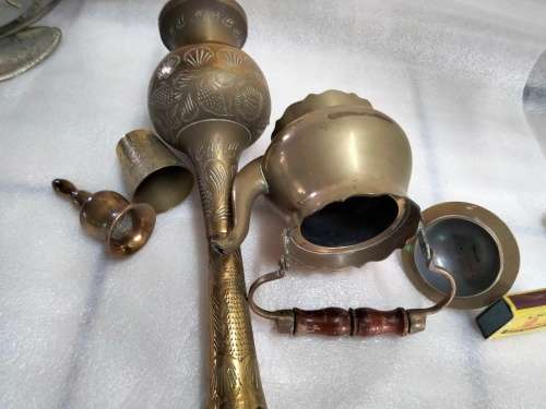 Brass -Tea kettle+Small cup + Tea Pot wood handle +Tall tea pot No lid + BELL or SNUFFER