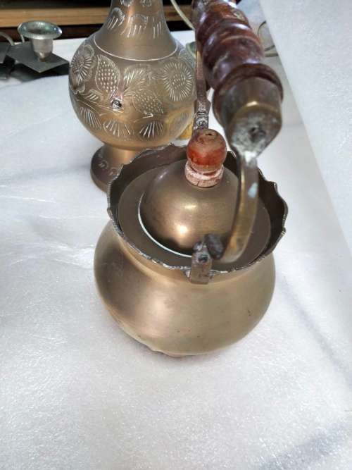 Brass -Tea kettle+Small cup + Tea Pot wood handle +Tall tea pot No lid + BELL or SNUFFER