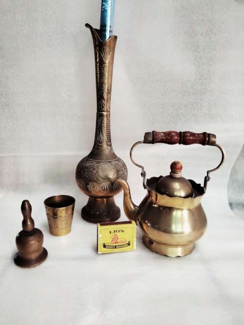 Brass -Tea kettle+Small cup + Tea Pot wood handle +Tall tea pot No lid + BELL or SNUFFER