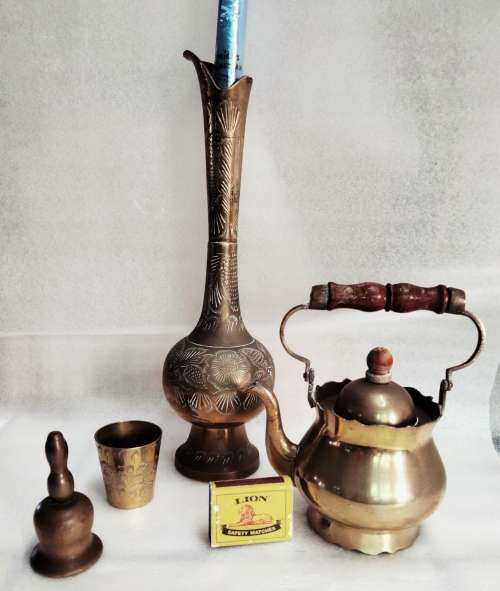 Brass -Tea kettle+Small cup + Tea Pot wood handle +Tall tea pot No lid + BELL or SNUFFER