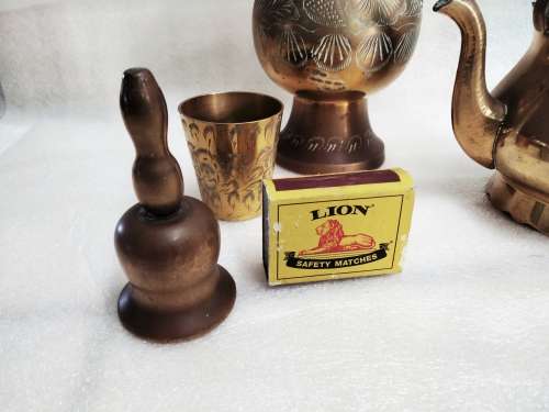 Brass -Tea kettle+Small cup + Tea Pot wood handle +Tall tea pot No lid + BELL or SNUFFER