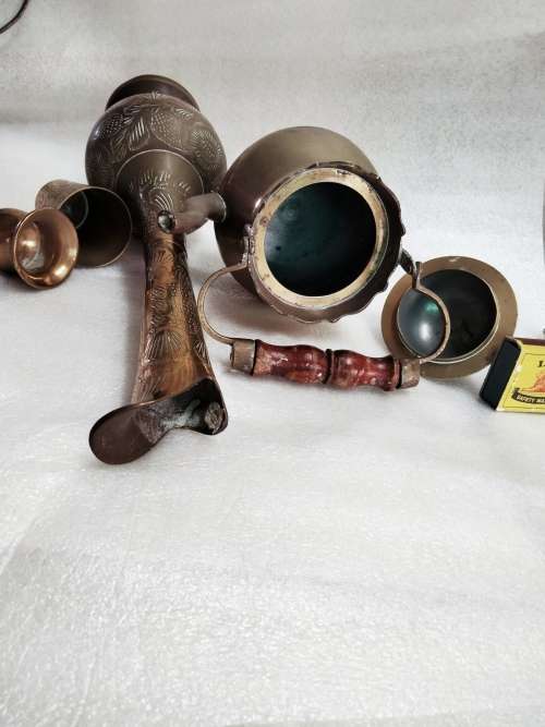 Brass -Tea kettle+Small cup + Tea Pot wood handle +Tall tea pot No lid + BELL or SNUFFER