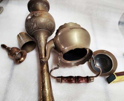 Brass -Tea kettle+Small cup + Tea Pot wood handle +Tall tea pot No lid + BELL or SNUFFER