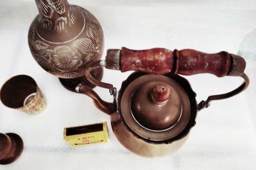 Brass -Tea kettle+Small cup + Tea Pot wood handle +Tall tea pot No lid + BELL or SNUFFER