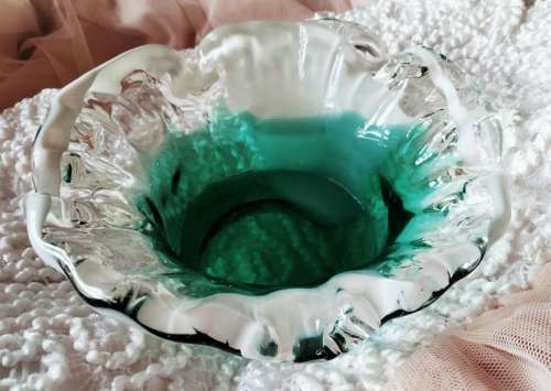 Studio Art Glass Hand Blown Green White infusion Frilled edges