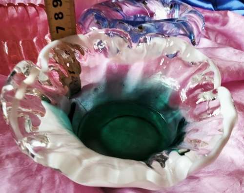 Studio Art Glass Hand Blown Green White infusion Frilled edges