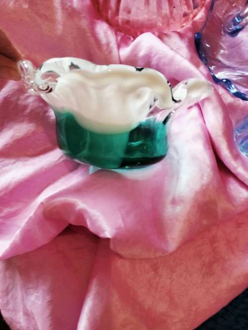 Studio Art Glass Hand Blown Green White infusion Frilled edges