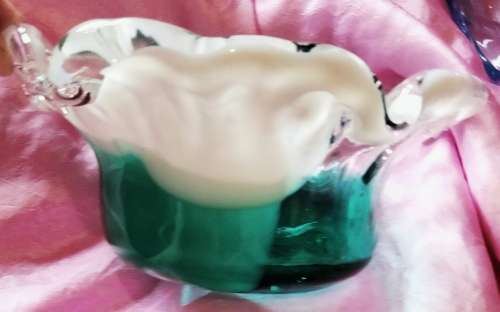 Studio Art Glass Hand Blown Green White infusion Frilled edges