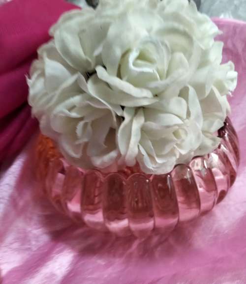 Glass Rose Bowl Pink segments top Scalloped