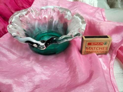 Studio Art Glass Hand Blown Green White infusion Frilled edges