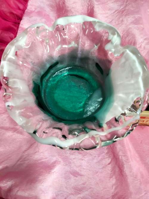 Studio Art Glass Hand Blown Green White infusion Frilled edges